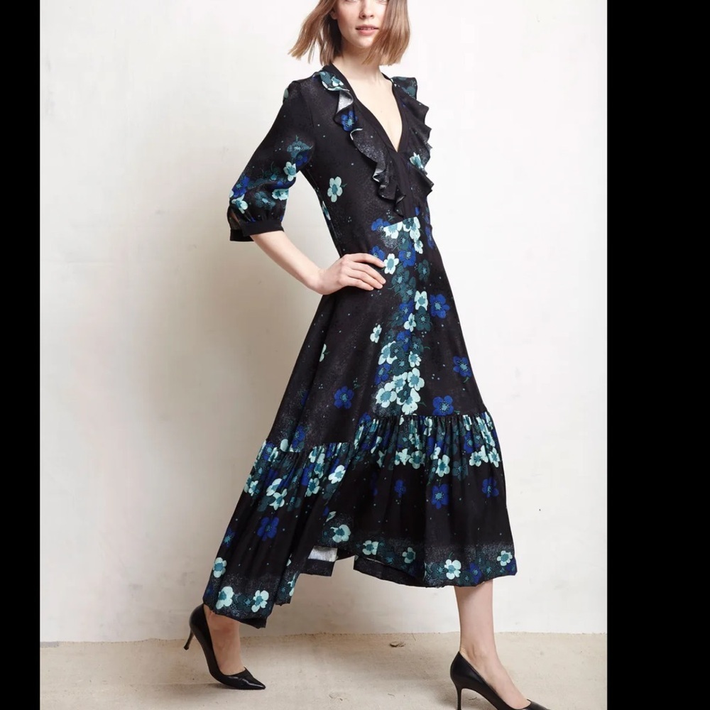 Warm Black and Blue Floral Ruffle v neck 3/4 sleeve High Low Dress